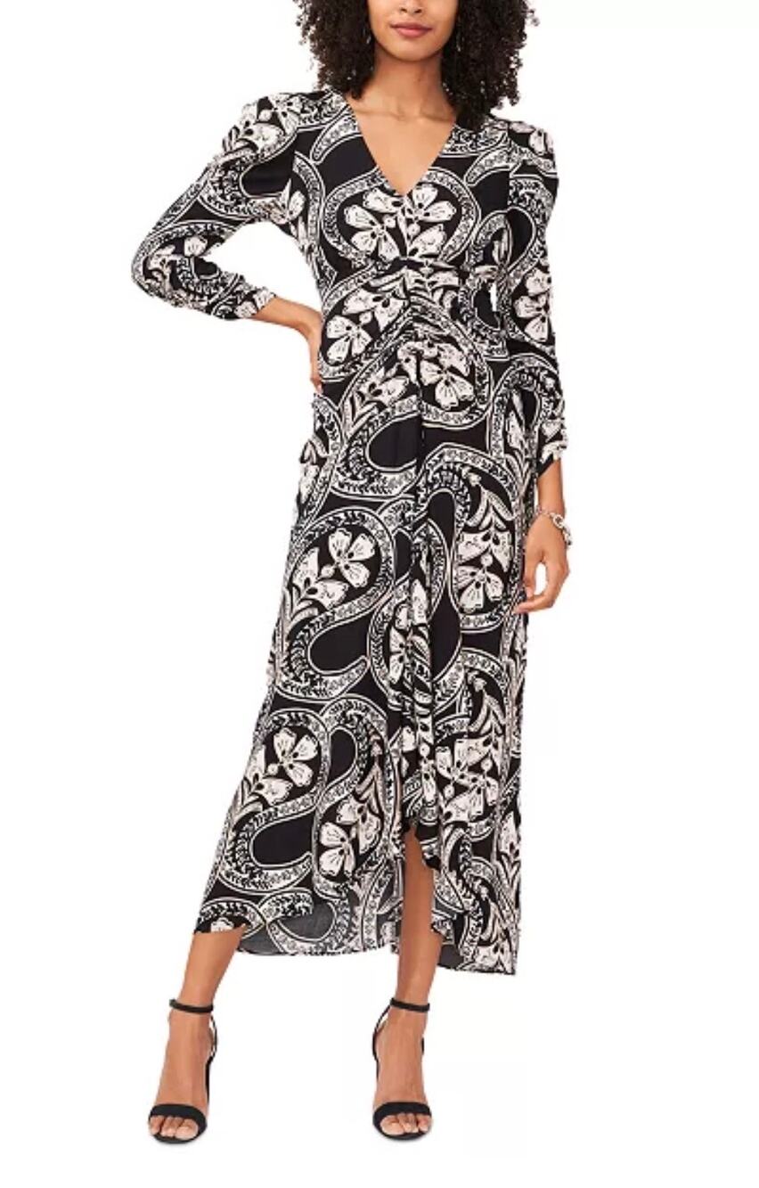 MSK Black & White Paisley Print Maxi Dress Ruched 3/4 Sleeve Jersey V-Neck Small
